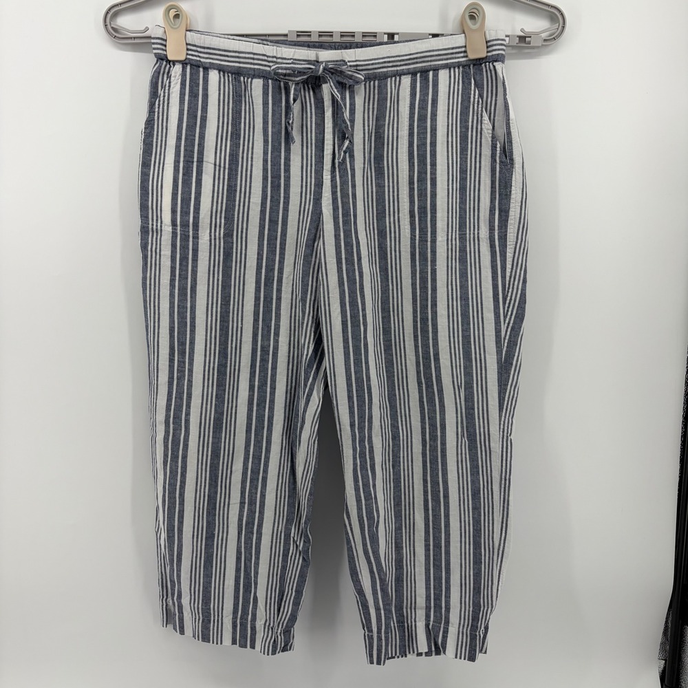 Liz Claiborne Womens L Blue White Striped Linen Blend Cropped Drawstring Pants